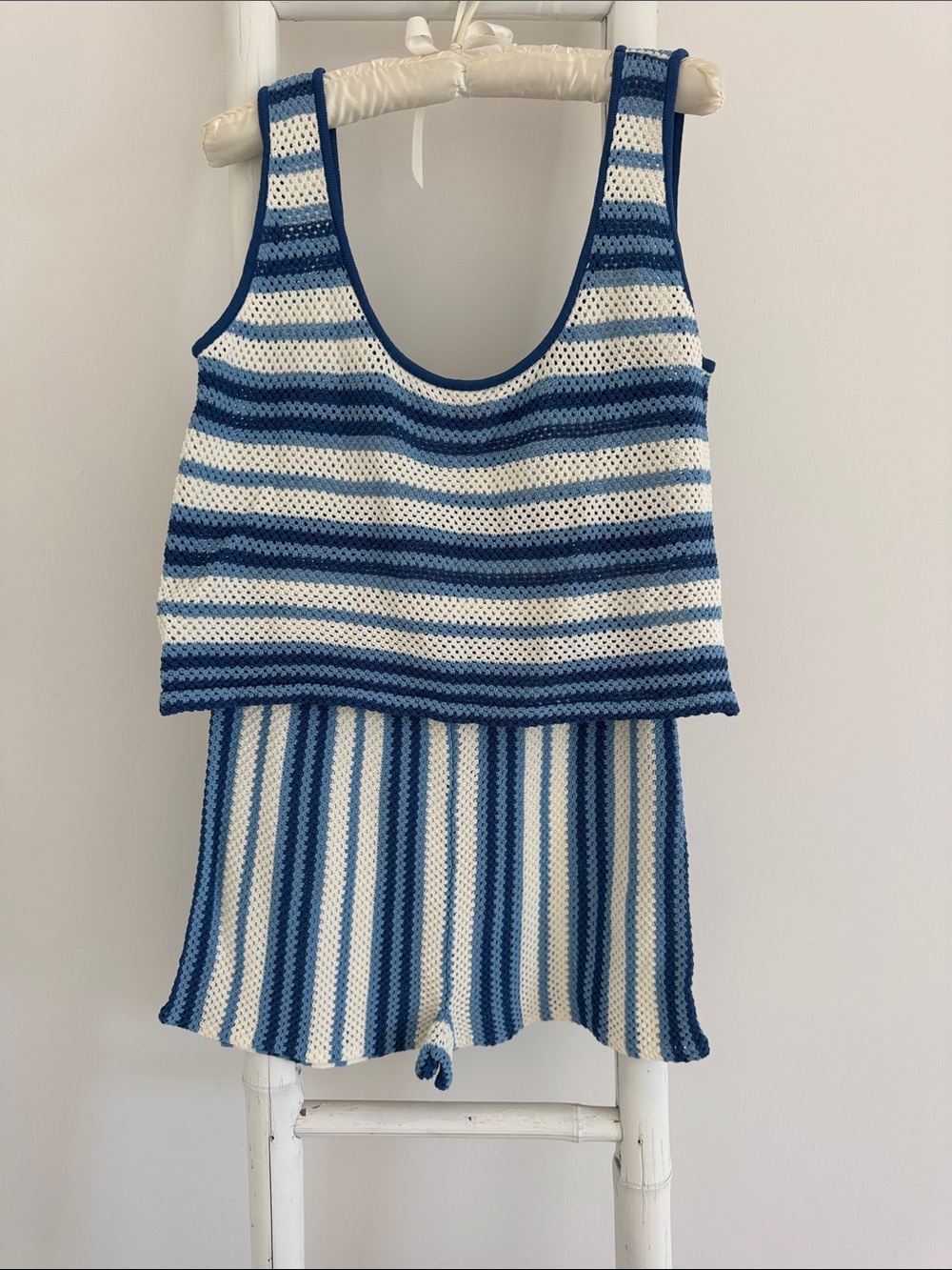 SOLID & STRIPED Blue & White Striped Knit Tank One-Piece